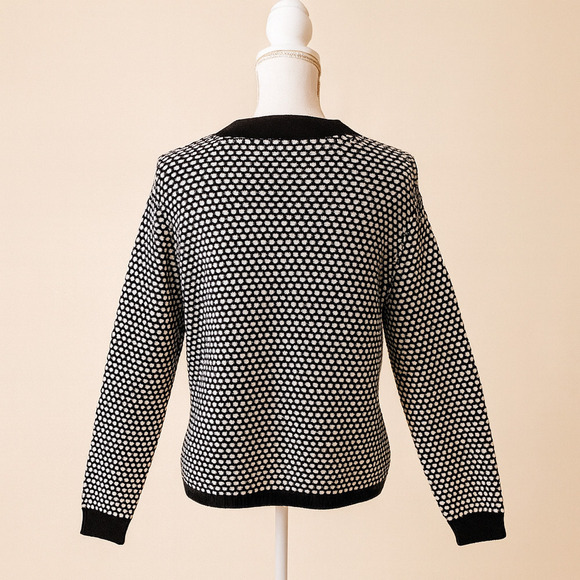 Karen Scott Knit Sweater Black White Polka Dot Retro Mod Preppy Y2K Academia - Picture 2 of 8
